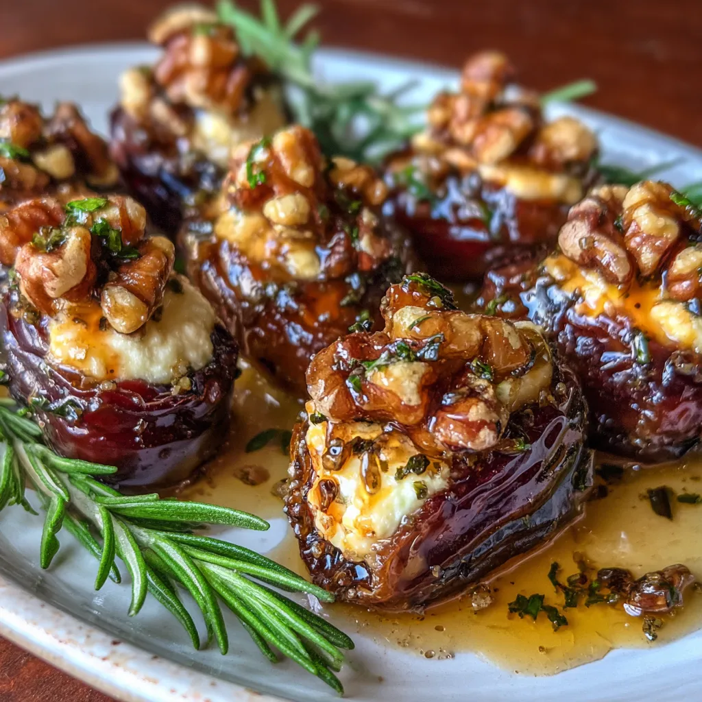 Roasted Goat Cheese Stuffed Dates with Rosemary-Walnut Topping and Hot Honey Drizzle