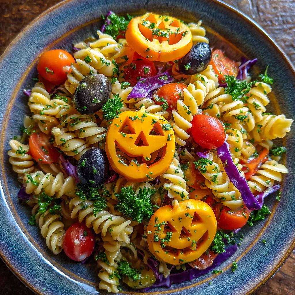 Spooky Halloween Pasta Salad with Jack-O’-Lantern Cucumbers